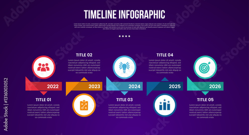 timeline template infographic with creative circle and ribbon badge title with 5 point dark background style for slide presentation