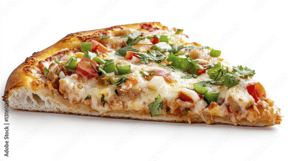 Delicious pizza slice topped with cheese, vegetables, and herbs Delicious pizza slice topped with cheese, vegetables, and herbs