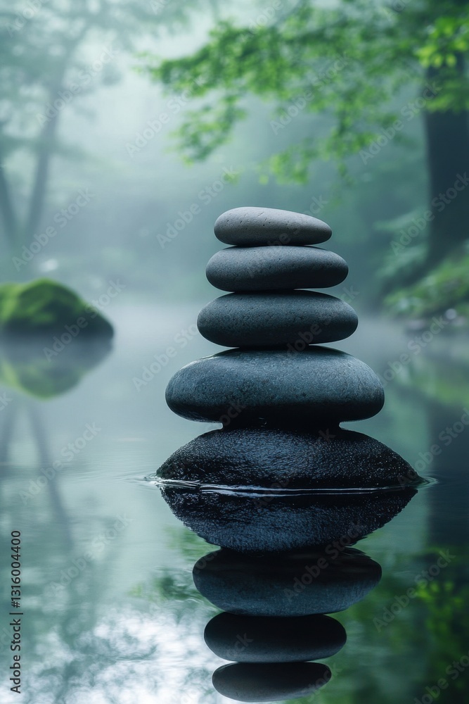 Obraz premium Serene zen stones stacked in tranquil water reflecting calm nature in misty forest background for meditation and balance