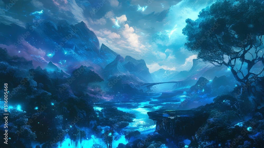 Enchanting Blue Fantasy Landscape with Glowing Lights and Bridge Enchanting Blue Fantasy Landscape with Glowing Lights and Bridge