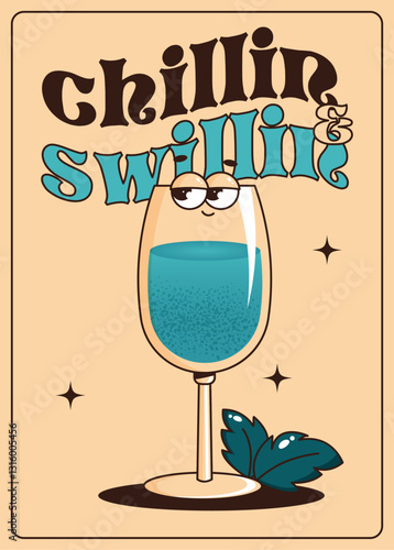 Groovy character cocktail with mint leaves. Retro poster, flyer with alcoholic or nonalcoholic drink. Vintage vector illustration 70s, 80s style for cafe, bar, lounge