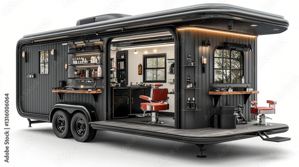 Fototapeta premium Mobile Barbershop Trailer with Stylish Interior and Professional Equipment for Grooming