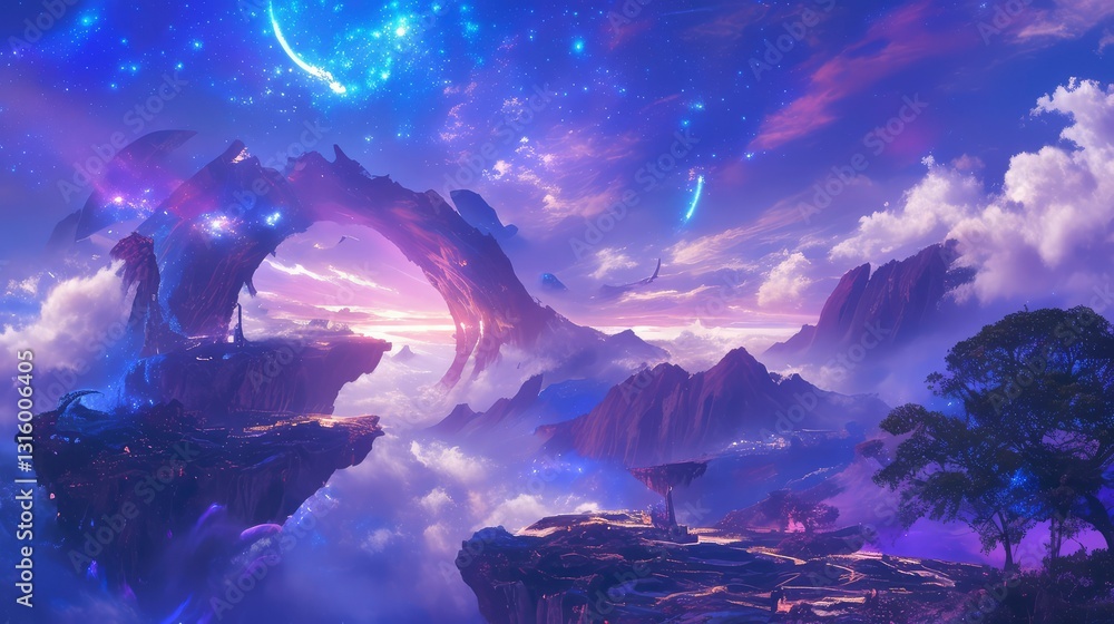Obraz premium Ethereal Fantasy Landscape Celestial Archway and Floating Islands