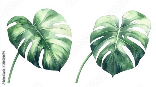 Watercolor Tropical Monstera Leaves  Botanical Illustration  Nature Background   Green Fol