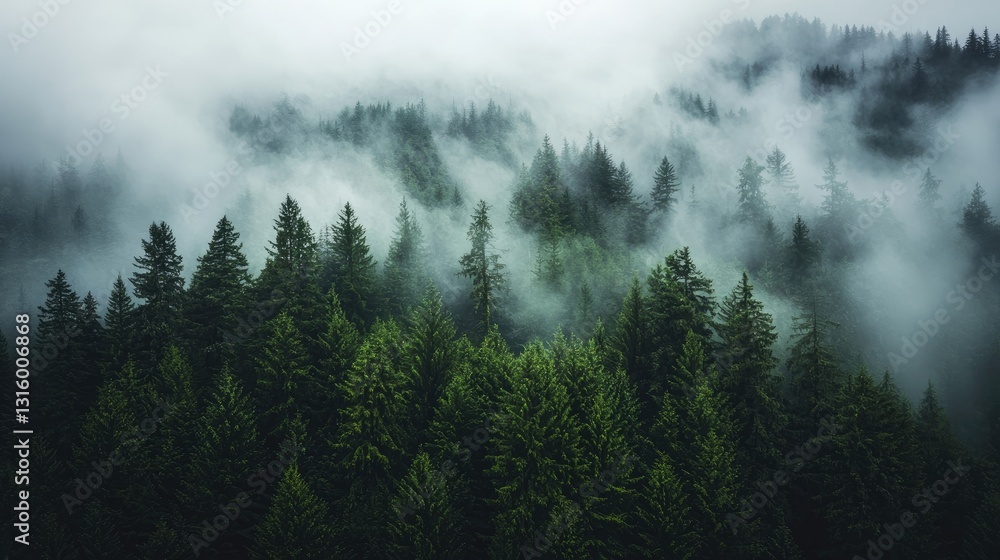Lush Evergreen Forest Blanketed in Mist and Fog Offering a Mysterious and Tranquil Atmosphere in a Scenic Wilderness Landscape Lush Evergreen Forest Blanketed in Mist and Fog Offering a Mysterious and Tranquil Atmosphere in a Scenic Wilderness Landscape