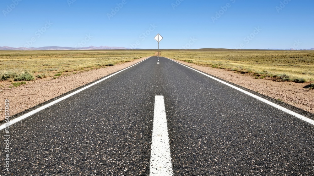 Fototapeta premium Expansive Desert Road Stretching Under Clear Blue Sky with Directional Sign on Horizon in Remote Landscape
