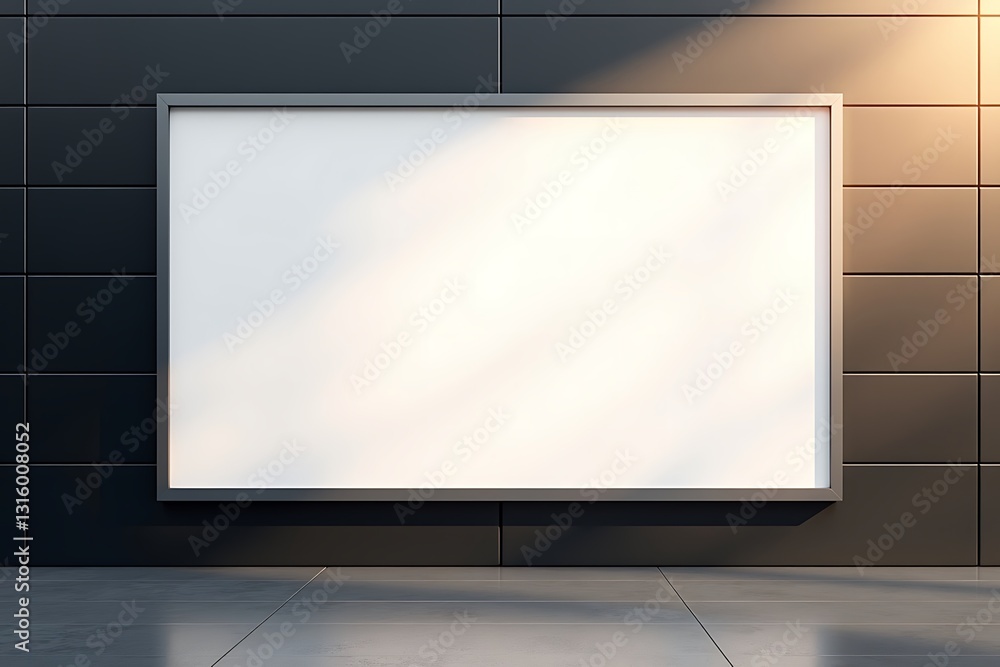 Fototapeta premium Professionally lit white billboard mockup on black tiled wall with warm sunlight and realistic shadows in high-quality commercial 3D rendering