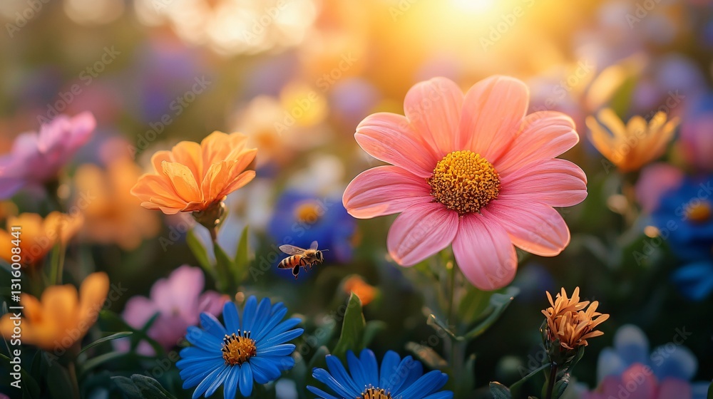 Vibrant Blooming Flowers with Pollinating Bee under Warm Sunset Light in a Colorful Garden Scene Vibrant Blooming Flowers with Pollinating Bee under Warm Sunset Light in a Colorful Garden Scene