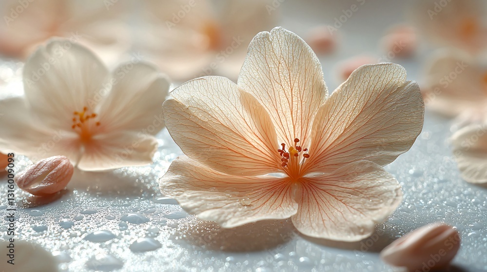 Delicate Peach Blossom Petals with Water Droplets on Soft Background Creating a Serene and Elegant Mood Delicate Peach Blossom Petals with Water Droplets on Soft Background Creating a Serene and Elegant Mood