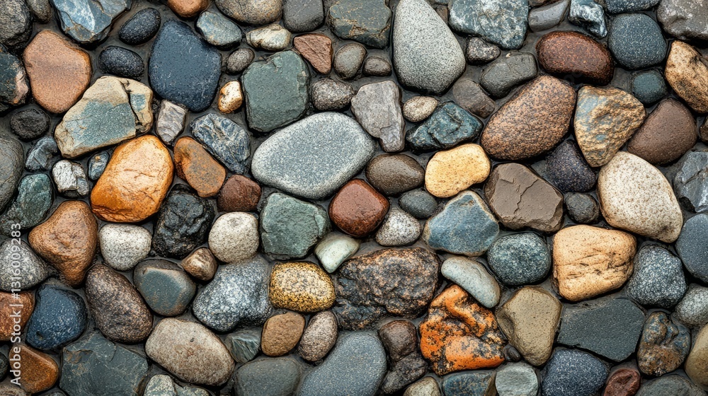 A pebbled riverbed with small, irregular stones of varying colors and shapes, showing the texture of each rock under clear water A pebbled riverbed with small, irregular stones of varying colors and shapes, showing the texture of each rock under clear water