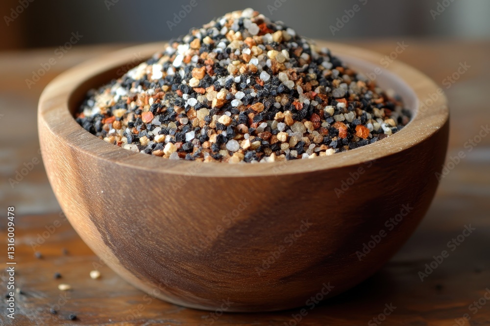 A wooden bowl overflows with a colorful blend of sea salt, peppercorns, and spices. Perfect for food blogs, recipes, and culinary websites showcasing seasoning. A wooden bowl overflows with a colorful blend of sea salt, peppercorns, and spices. Perfect for food blogs, recipes, and culinary websites showcasing seasoning.