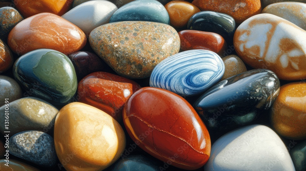 A pile of smooth, polished pebbles in varying colors, showcasing the glossy texture of the stones under soft sunlight A pile of smooth, polished pebbles in varying colors, showcasing the glossy texture of the stones under soft sunlight