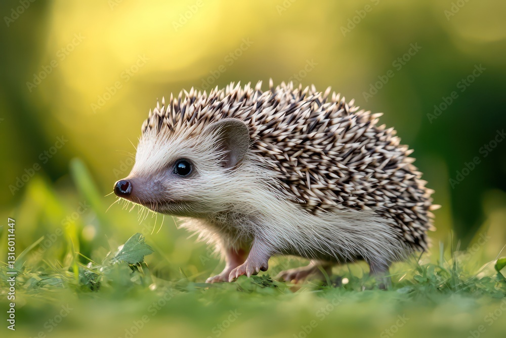 Side view of a tiny hedgehog standing on its short legs. Side view of a tiny hedgehog standing on its short legs.