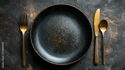 The top view of an exquisite dark gray textured plate is surrounded by the refined accents of a golden knife and fork, a black cup, and an ornamental plant, embodying the essence of a high-end
