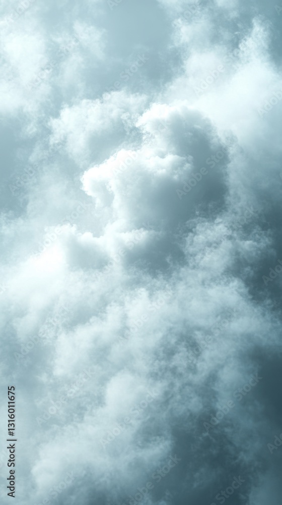 Obraz premium Ethereal sky panorama with fluffy clouds in pastel blue tones creating a serene and dreamy atmosphere capturing the beauty of nature and the vastness of the heavens
