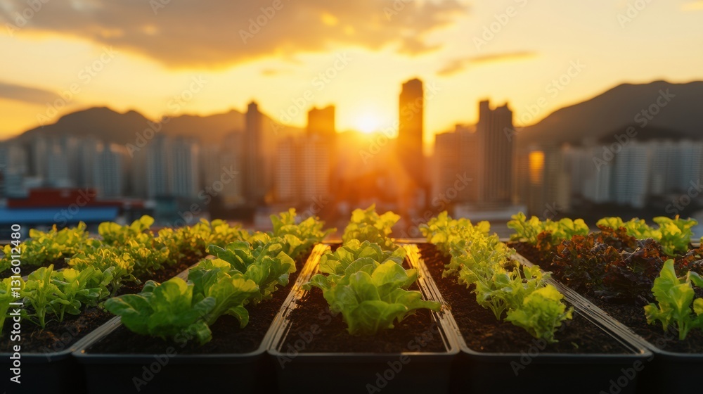 Fototapeta premium Urban Eco-Revolution Sunset Rooftop Micro-Farming Transforms Cityscapes with Sustainable Green Living and Innovative Agricultural Technology