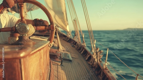 The captain of the boat is captured in a closeup, his hand resting on the wooden rudder helm wheel, with the turbulent sea and vibrant sunset serving as a striking backdrop, underscoring his