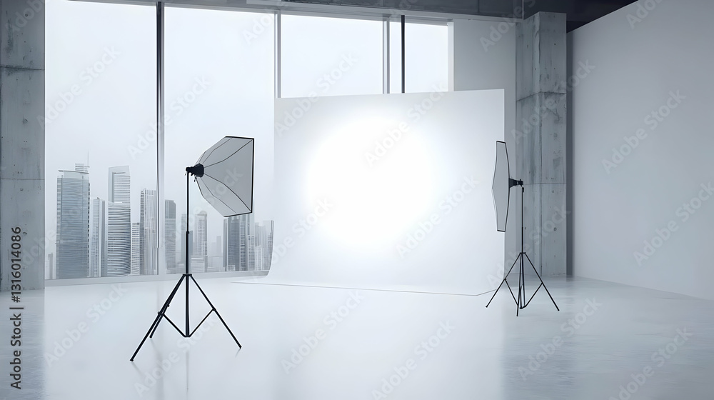 Modern Photography Studio with Softbox Lighting and White Backdrop Modern Photography Studio with Softbox Lighting and White Backdrop