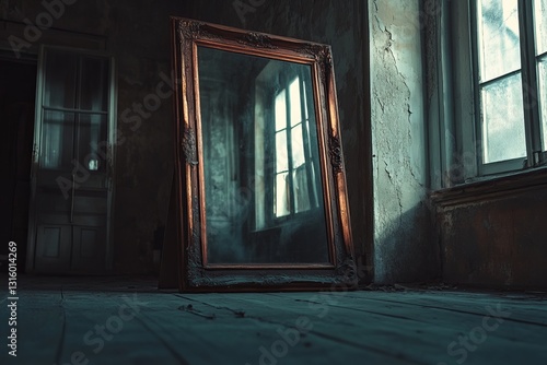 An antique mirror leans against the wall in an abandoned room, capturing soft natural light. The scene evokes nostalgia with its rustic charm and eerie ambiance.