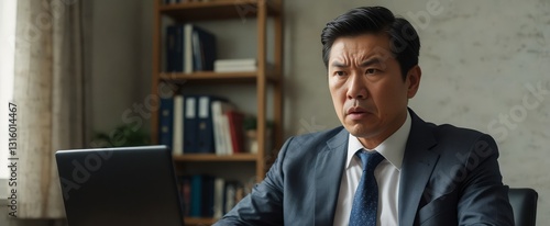 Angry Asian businessman sits at his desk, looking at his laptop screen with a frustrated expression