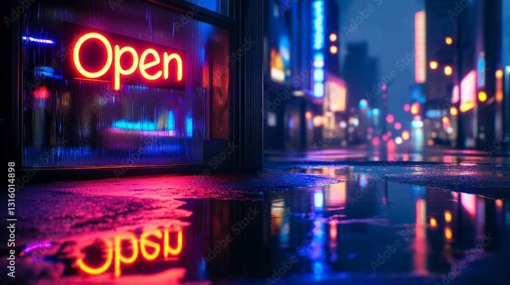 Neon-lit street scene at night with an 'Open' sign reflecting in puddles, vibrant city ambiance Neon-lit street scene at night with an 'Open' sign reflecting in puddles, vibrant city ambiance
