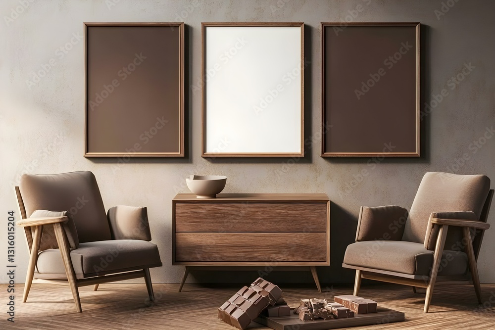 Fototapeta premium Beige Living Room Interior with Armchairs and Drawings: Stylish Decor for Modern Homes