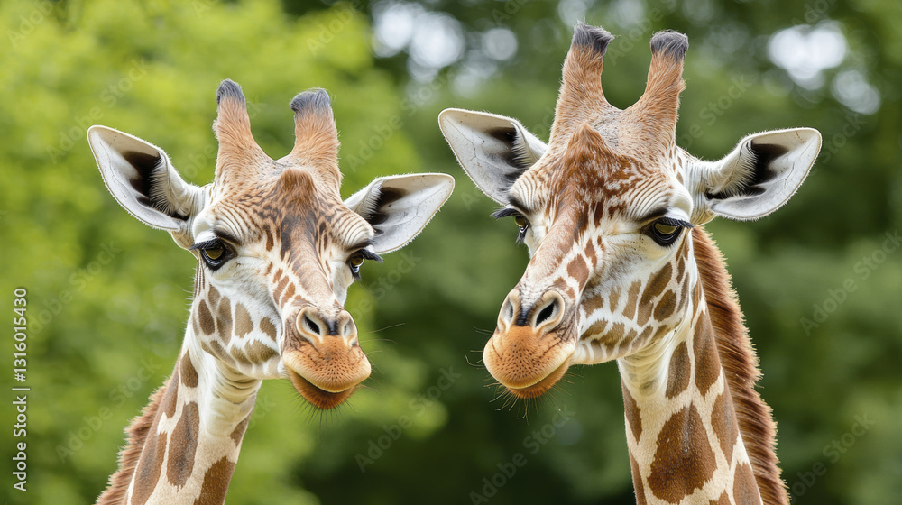 Giraffes standing close together, showcasing their unique patterns and expressions in natural setting Giraffes standing close together, showcasing their unique patterns and expressions in natural setting