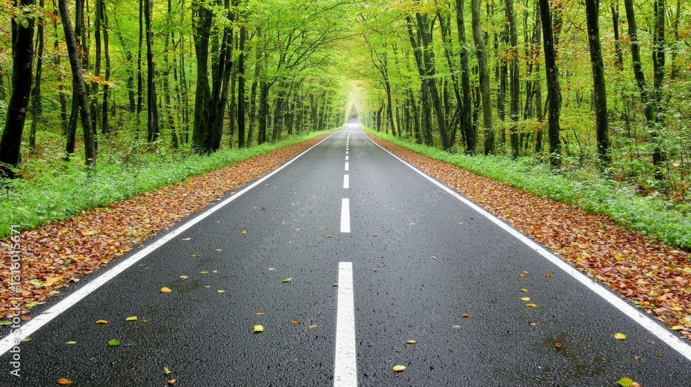 Serene Winding Road Through Lush Green Forest with Sunlight Filtering Through Leaves in Autumn Season Serene Winding Road Through Lush Green Forest with Sunlight Filtering Through Leaves in Autumn Season