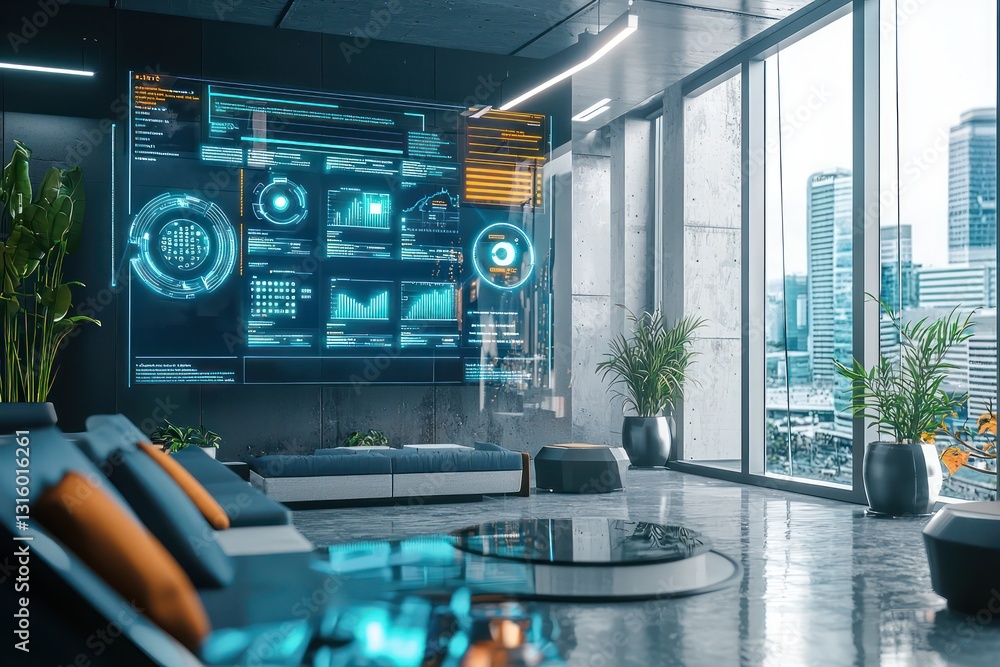 Corporate space uses holography for employee goal alignment. Corporate space uses holography for employee goal alignment.