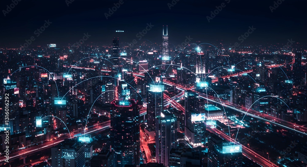 Fototapeta premium Smart City Cloud Concept AI Robot Data, Line Connection technology Science Concept.