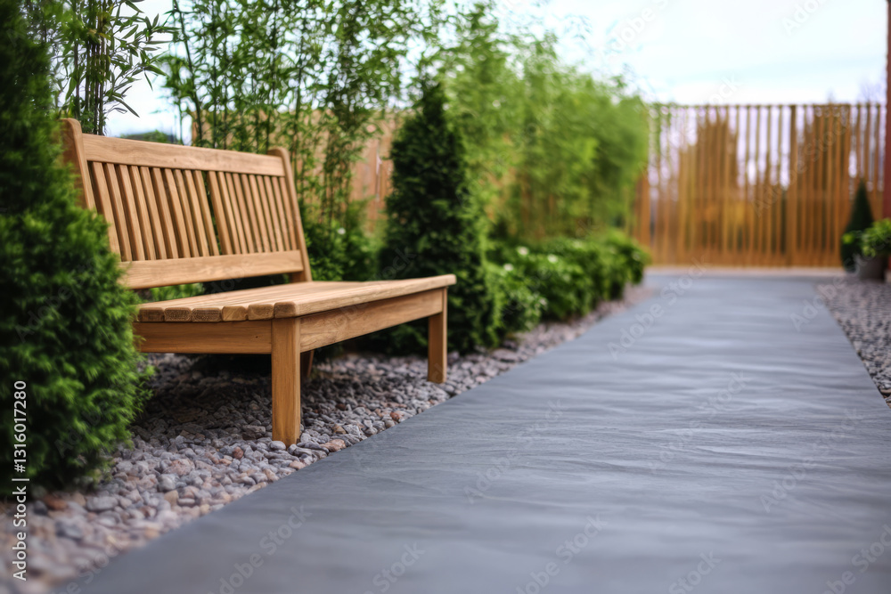 Serene wooden bench surrounded by greenery and a pathway in a tranquil outdoor space Serene wooden bench surrounded by greenery and a pathway in a tranquil outdoor space