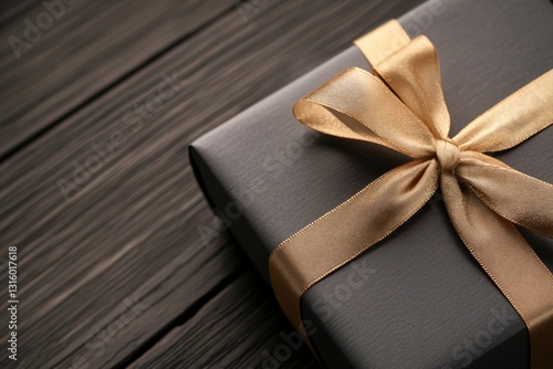 Happy friday, Elegant gift box on rustic wooden surface, black wrapping with gold ribbon, perfect for special occasions or celebrations.