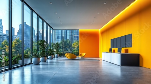 Obraz na płótnie Modern urban company office interior with sleek workstation and pristine white wall, perfect for professional business environments and creative corporate projects w salonie