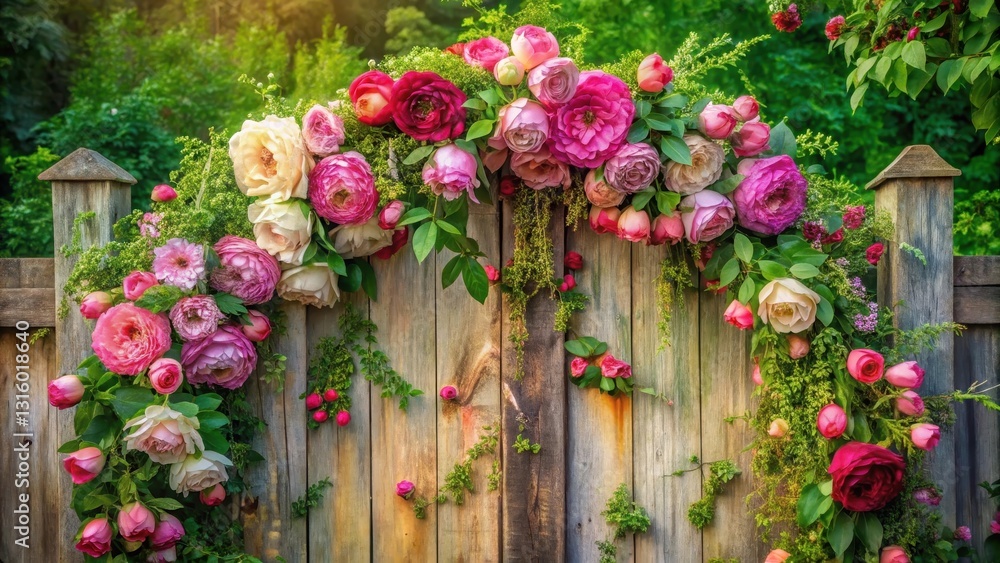 Fototapeta premium Romantic floral arrangement adorning rustic wooden fence creating a charming garden gateway