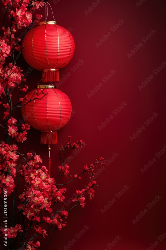 Fototapeta premium Red lanterns, plum blossoms, dark red background; Lunar New Year greeting card