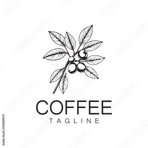 Logo design of arabica coffee cup and coffee plant hand drawn vintage style