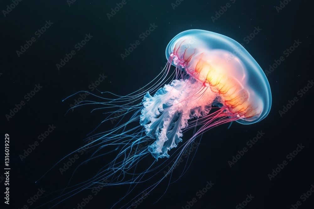 Fototapeta premium Bioluminescent Eco-Narrative Ethereal Jellyfish Illuminating Climate Crisis Awareness in Hyper-Realistic 8K Marine Exploration