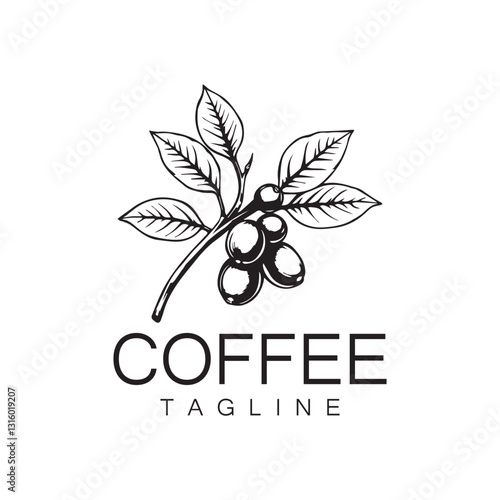 Logo design of arabica coffee cup and coffee plant hand drawn vintage style