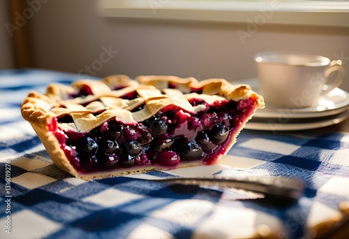 A blueberry pie cut in half
