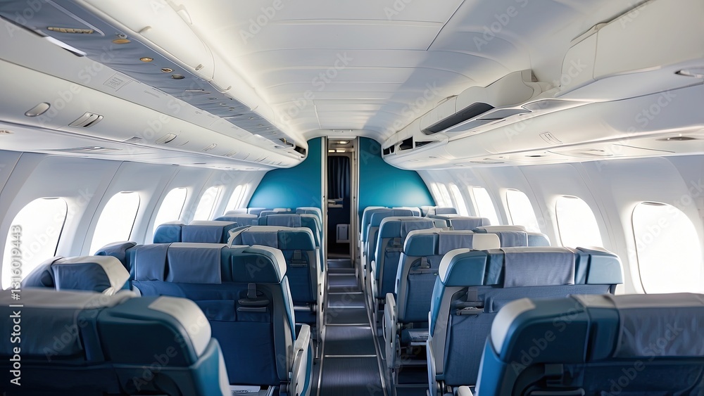 Interior view of an airplane cabin featuring rows of blue leather seats aligned along a central aisle. Interior view of an airplane cabin featuring rows of blue leather seats aligned along a central aisle.