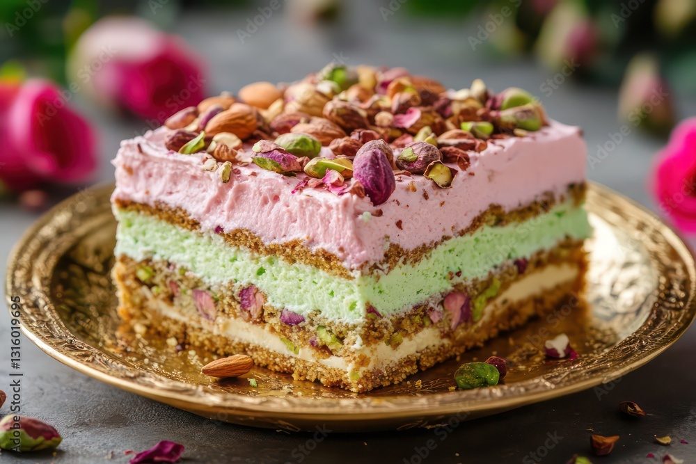 Soft pistachio cake layered with rose cream and nuts on a golden dessert plate Soft pistachio cake layered with rose cream and nuts on a golden dessert plate
