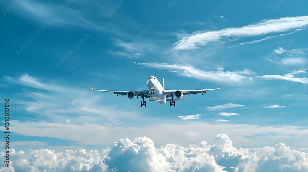 Obraz premium White Passenger Airplane Descending Through a Bright Blue Sky with Cumulus Clouds Preparing for Landing