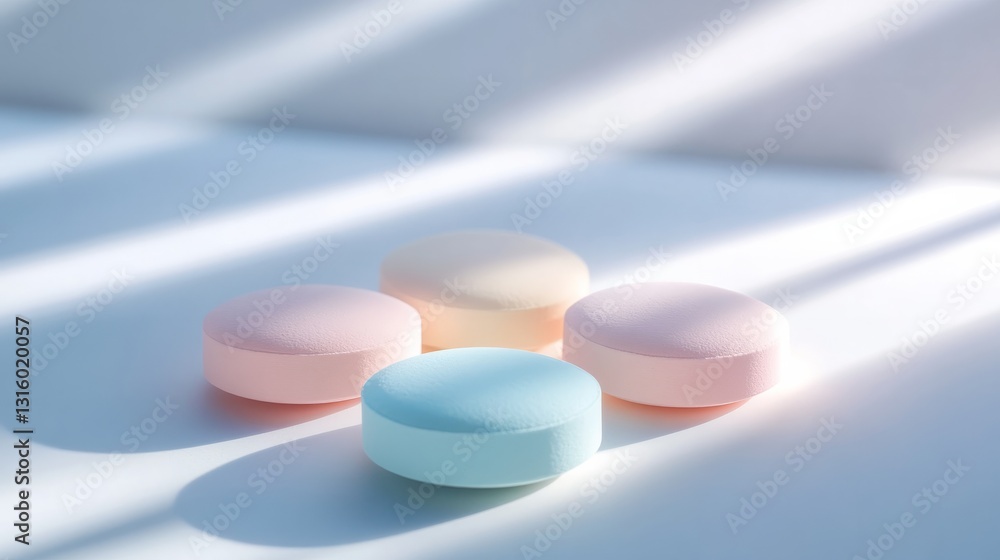 A close-up of a few soft pastel pills placed on a simple, clean table surface with soft lighting A close-up of a few soft pastel pills placed on a simple, clean table surface with soft lighting