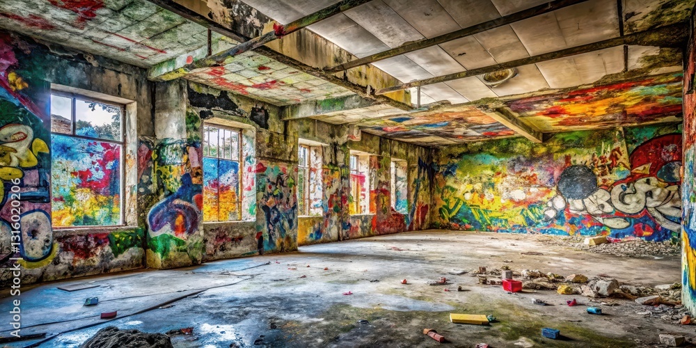 Naklejka premium A Vibrant Canvas of Urban Decay An Abandoned Building Transformed by a Kaleidoscope of Graffiti Art