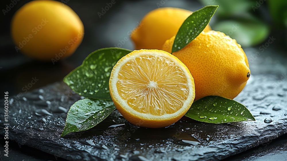 Close up of vibrant lemons with glossy green leaves resting on a textured dark slate slab in natural daylight Close up of vibrant lemons with glossy green leaves resting on a textured dark slate slab in natural daylight