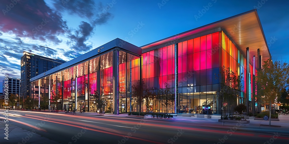 Obraz premium Architectural Marvel, A Modern Building Illuminated at Dusk with a Vibrant Palette