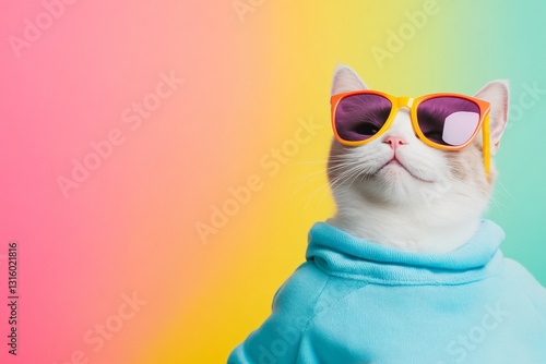 Happy friday, Stylish cat in sunglasses, adorable feline exuding cool vibes with colorful background, perfect for fun social media posts.