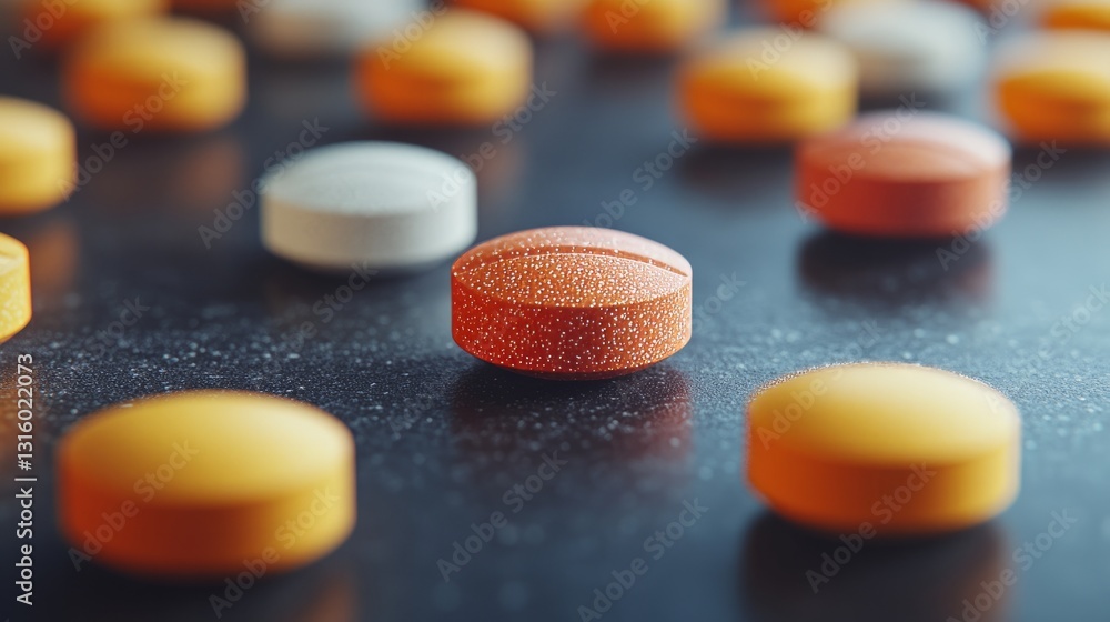 A close-up of round and oval pills on a smooth black table with a soft-focus background A close-up of round and oval pills on a smooth black table with a soft-focus background