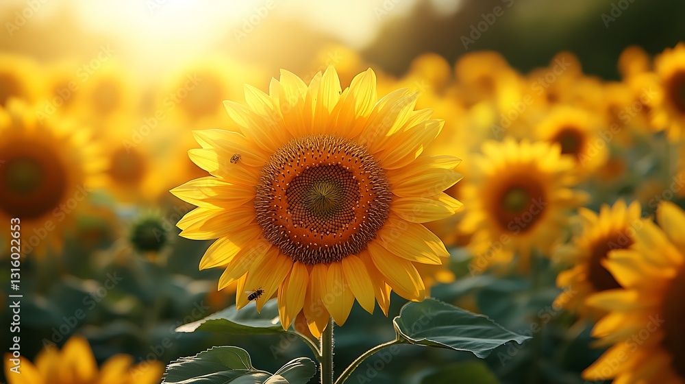 Fototapeta premium Vivid yellow sunflowers in a sunlit field attracting bees in a natural setting