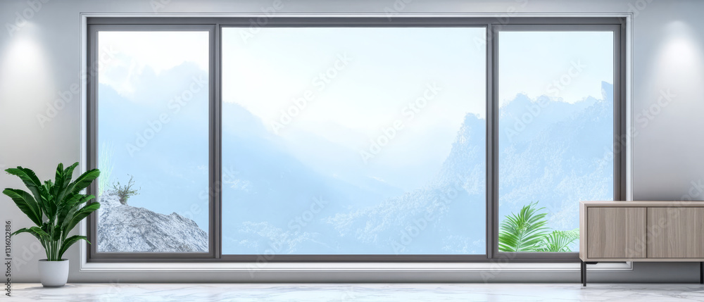 Beautiful mountain view through large modern window in a minimalist interior space Beautiful mountain view through large modern window in a minimalist interior space